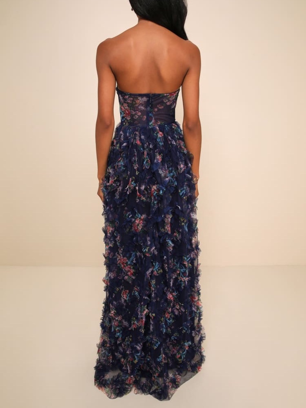 NWT Lulus Stunning Element Navy Floral Mesh Ruffled Strapless Maxi Dress - Picture 2 of 4